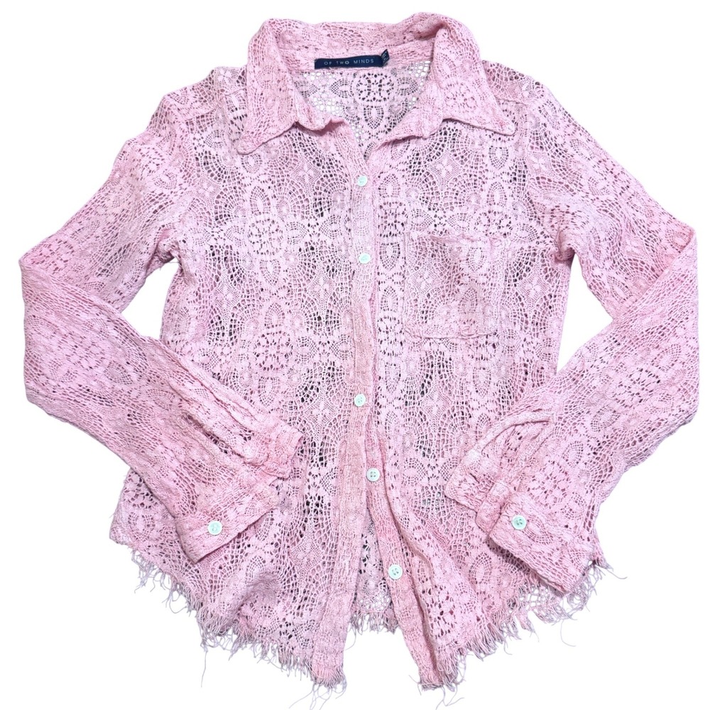 Open Knit Lace Button Down Shirt Cotton Boho Raw Hem USA Ballet Cottage Core Med
